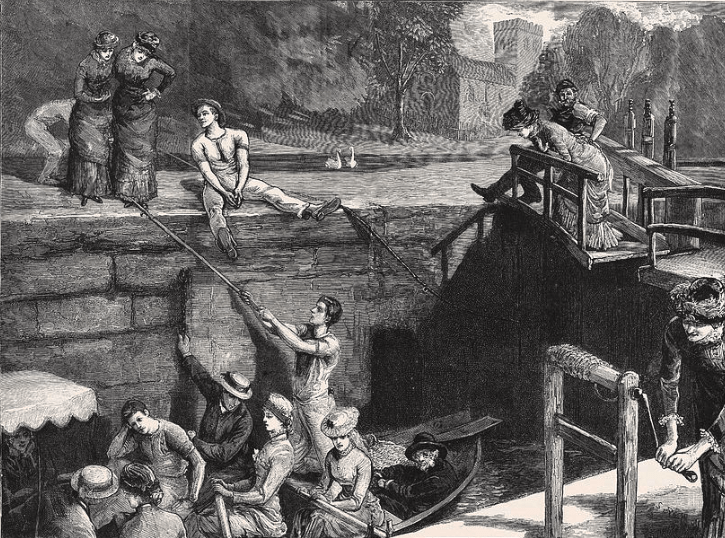 A picnic to Nuneham, a family in a boat in a sluice gate, Oxford 1882